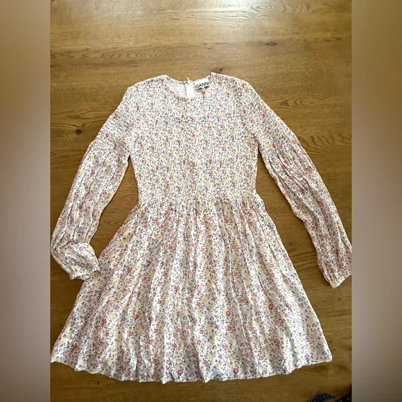 Ganni Floral Babydoll Mini Dress Long Sleeve Ditsy Print Pleated